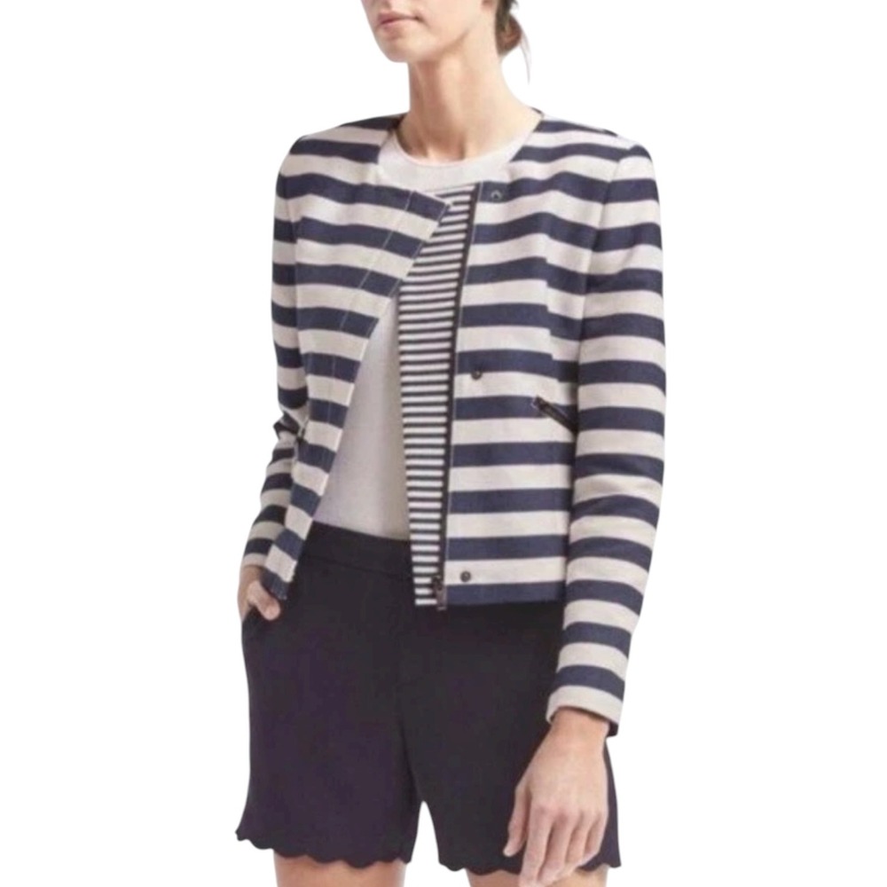 Banana Republic Stripe Moto Jacket Blazer Blue White